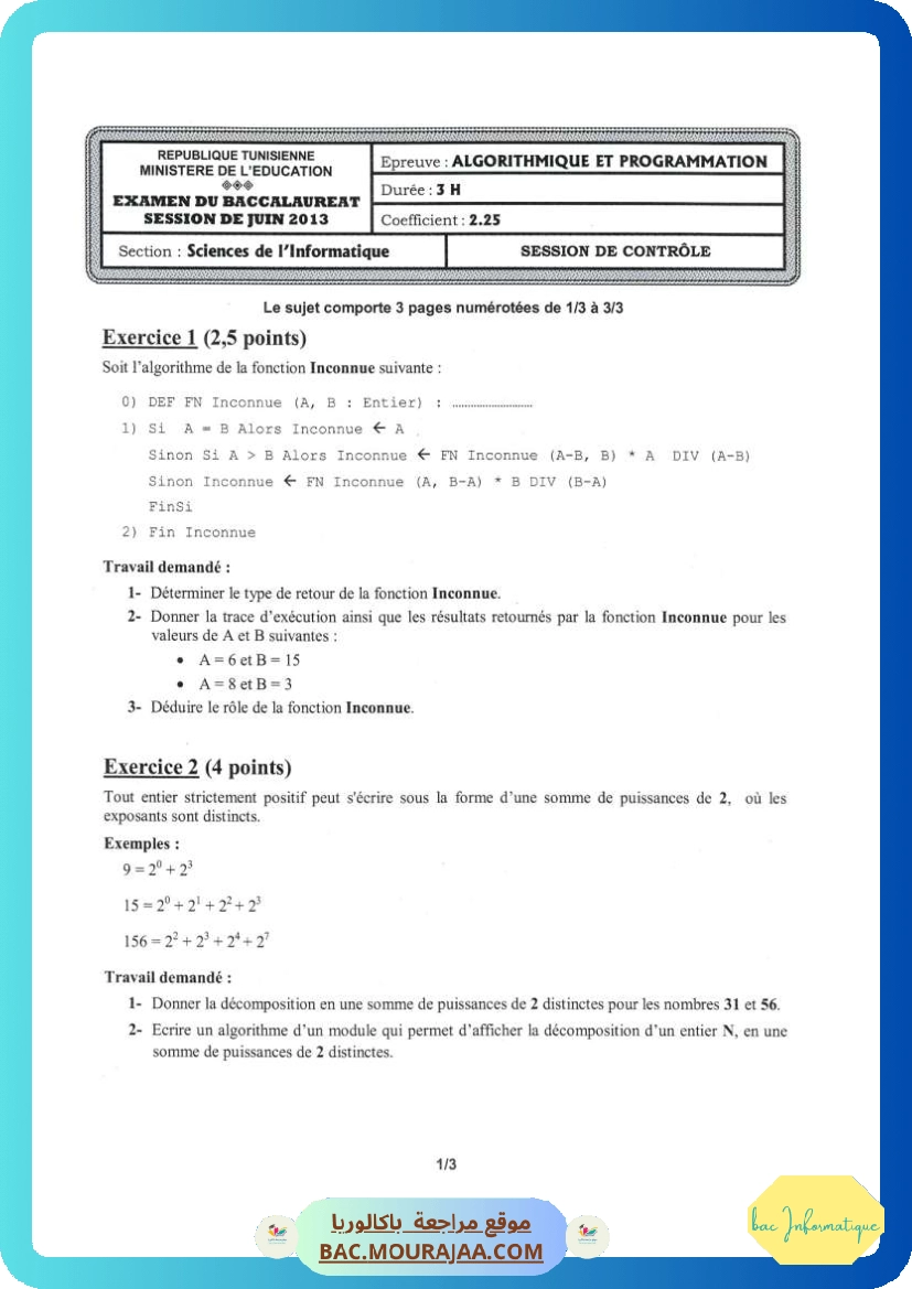 Sujet controle algorithme Bac 2013 – Section info